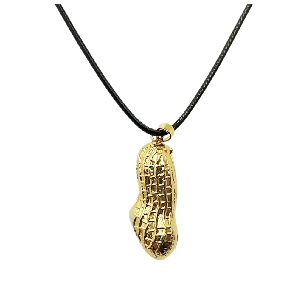 Gold Tone Peanut Pendant Necklace on Black Cord 18" NWOT